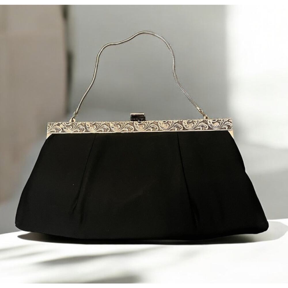 Vintage NEW Woman's Black Clutch Ande Purse Silver Ornate trim handbag
